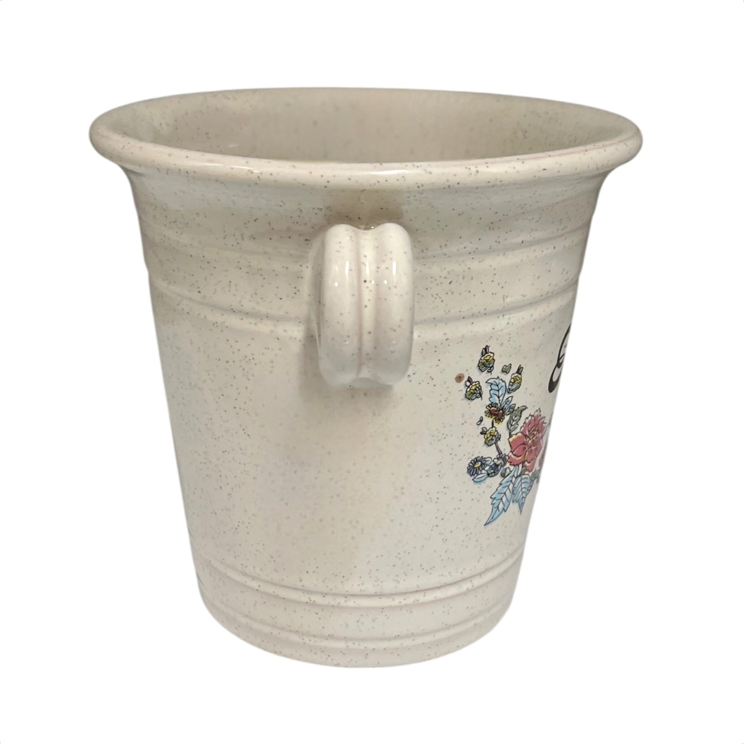 Ceramic ice bucket with floral design and 'Glaçons' text on a white background