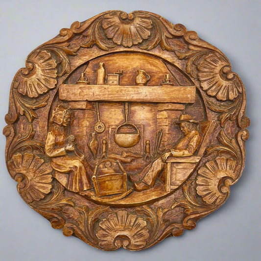 Vintage Wooden German Wall Plaque Decorative Carved 3D Art of a Family Scene for sale from All Things French Store