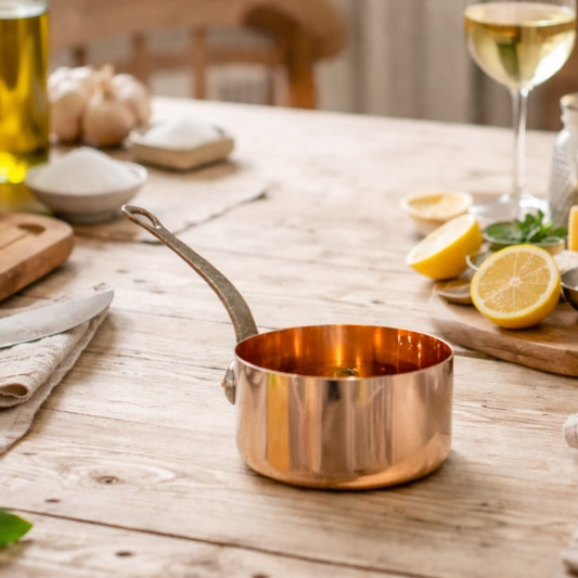 Copper saucepan on a wooden table with lemons and wine glasses in the background
