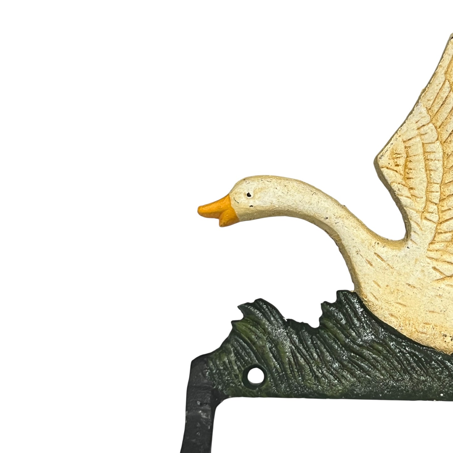 close up of goose toilet paper holder on a white background