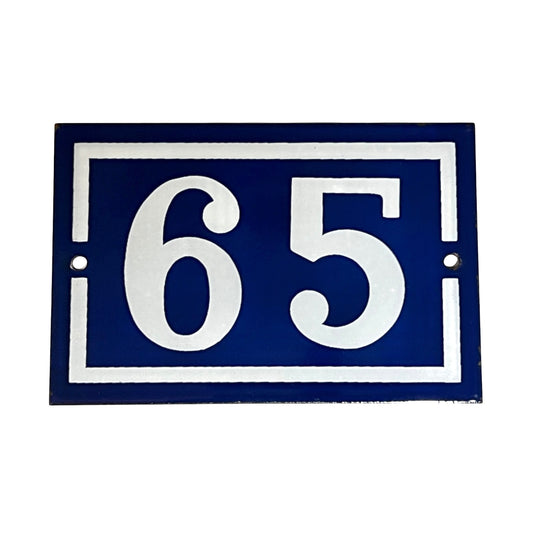 French vintage blue and white enamel door number 65 ideal for a cottage or country house door