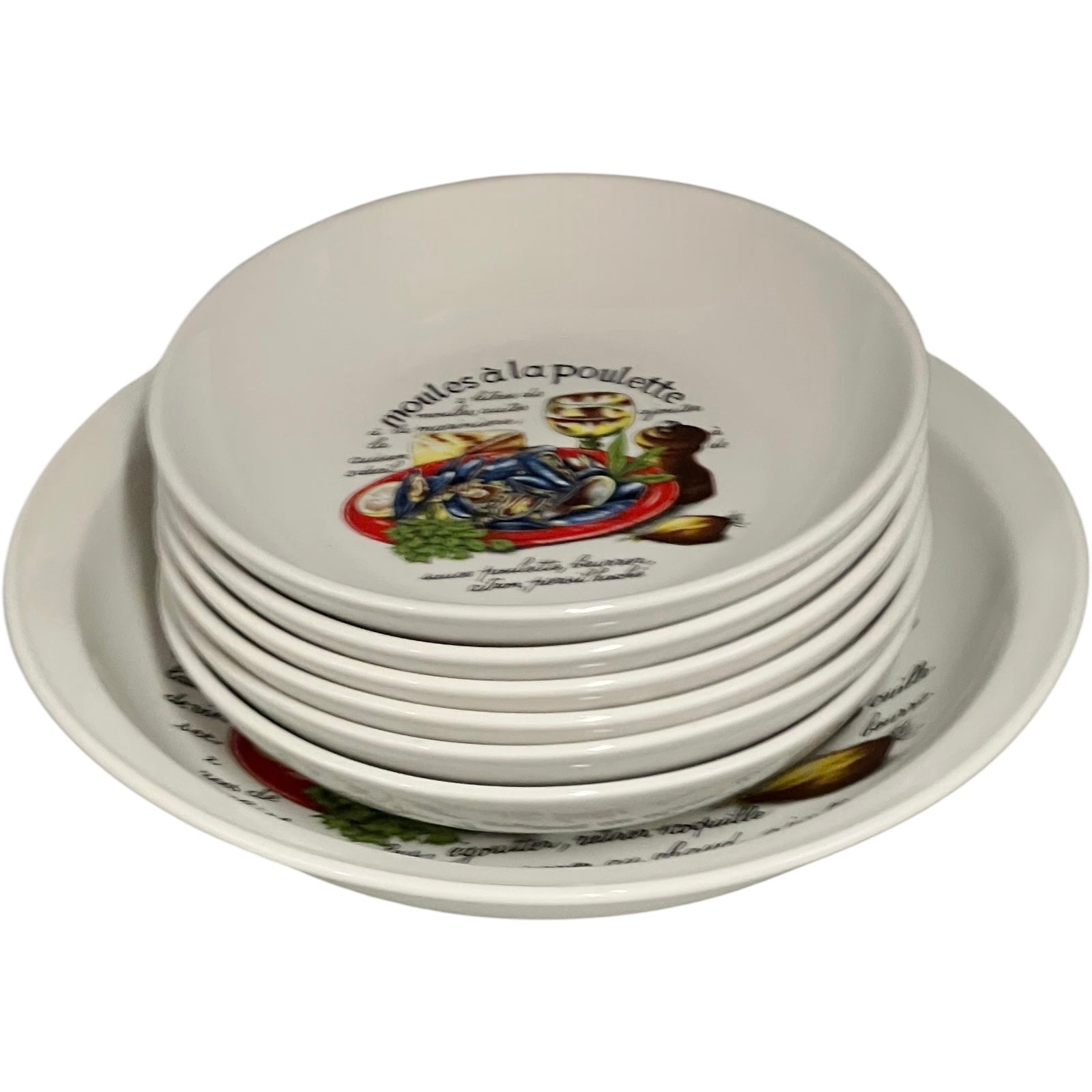 Set of ceramic plates with decorative designs and text on a white background