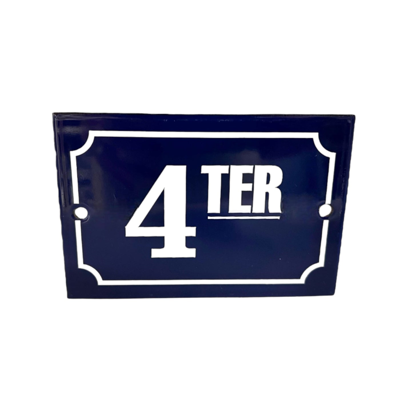 French enamelled blue and white metal front door number 4