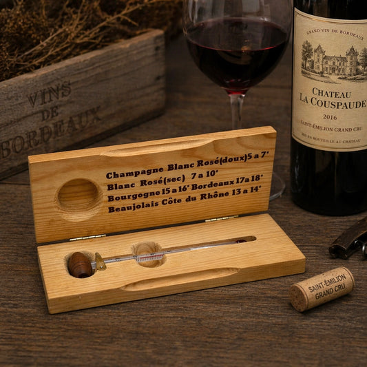 Wooden wine thermometer with wine bottle and glass on a wooden surface