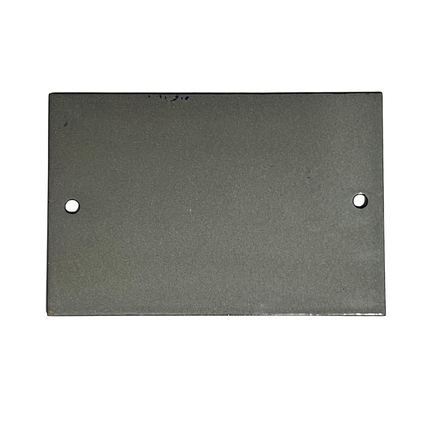 A rectangular dark gray metal plate with two pre-drilled holes, shown against a plain white background.