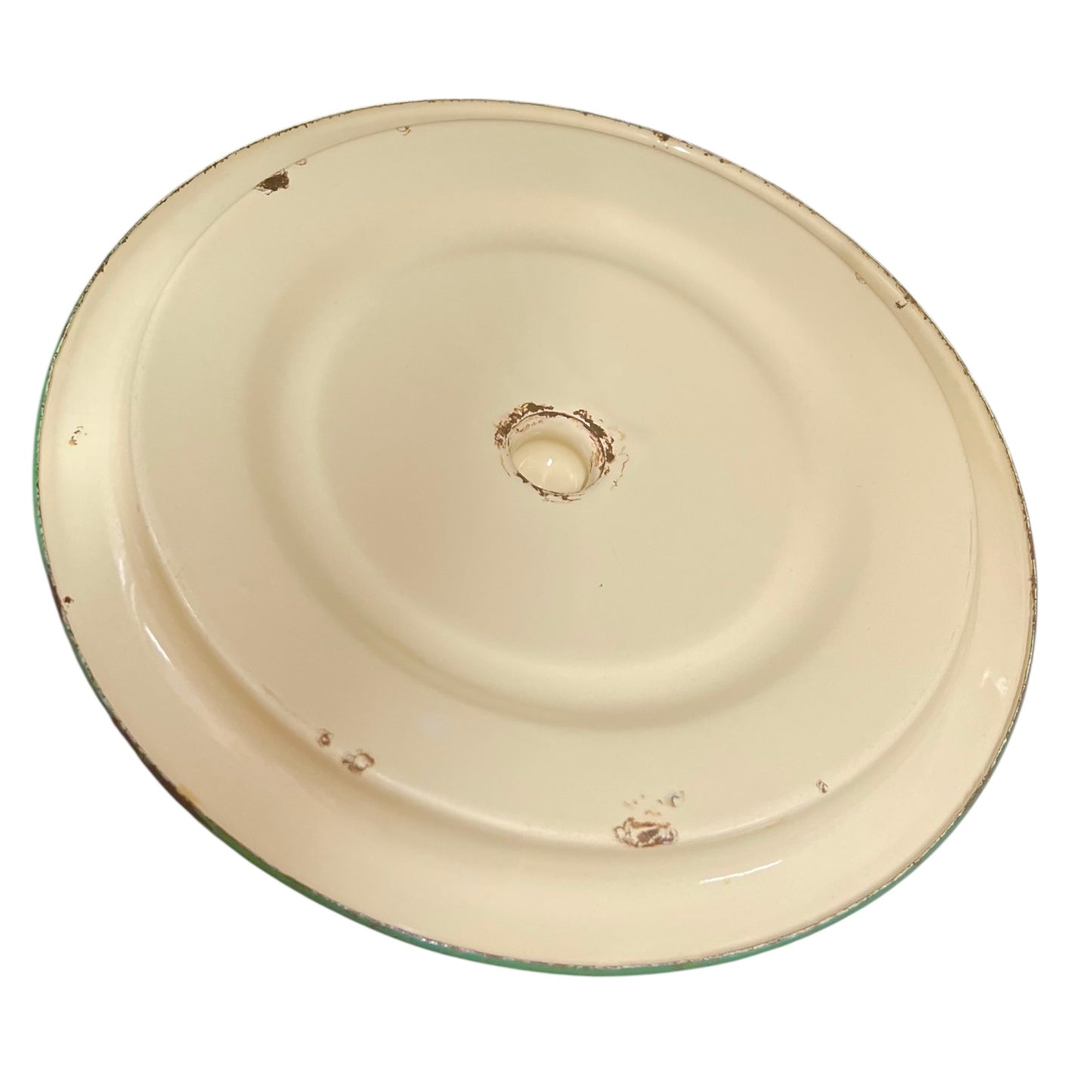 Close up of French vintage cream and green enamel bucket with a lid and handle on a white background