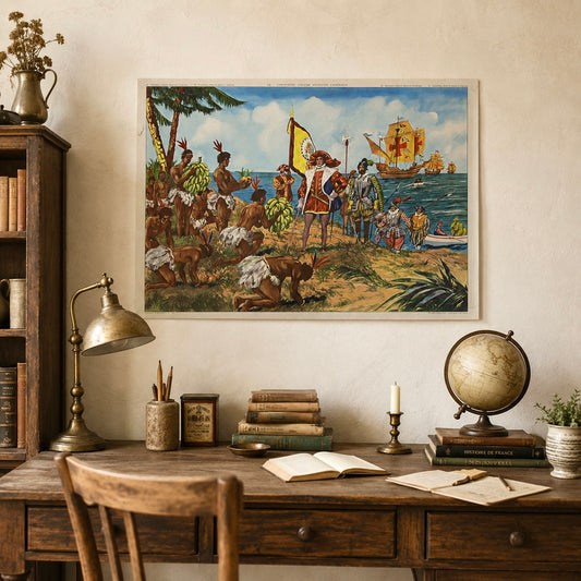 Vintage French large wall poster featuring Christopher Columbus discovering the Americas for the first time, set against a wall in a study with a decorated desk, perfect for adding a touch of vintage charm to your home décor.