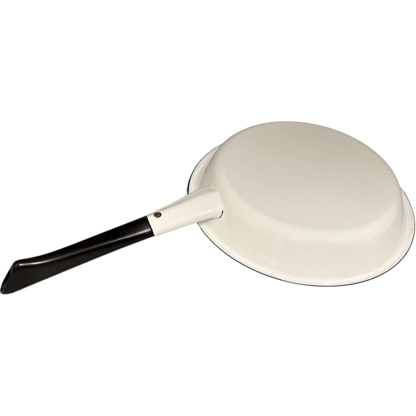 White frying pan with a black handle on a white background