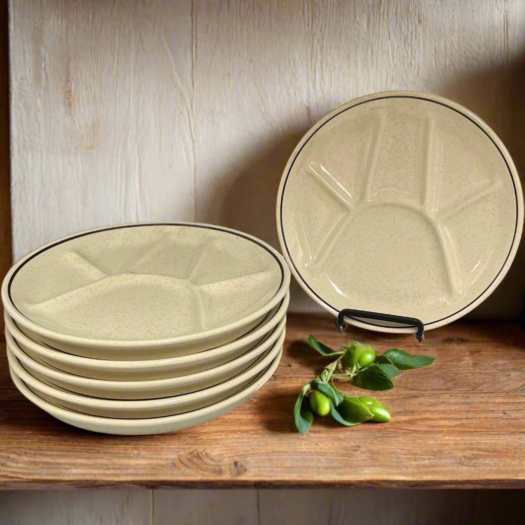6 French Vintage Fondue Plates, Faience Pottery Buffet or Portion Plates with a grey trim