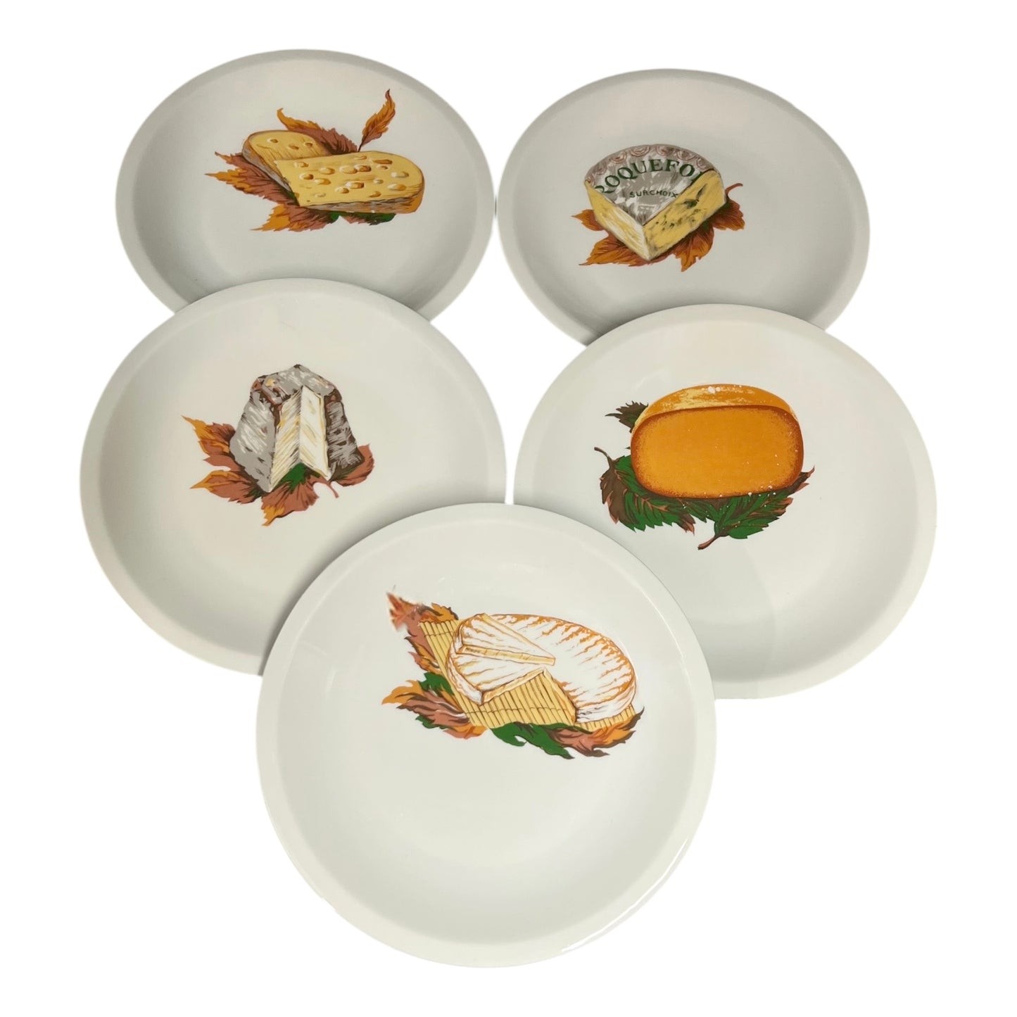 Set of five ceramic plates with cheese-themed illustrations on a white background