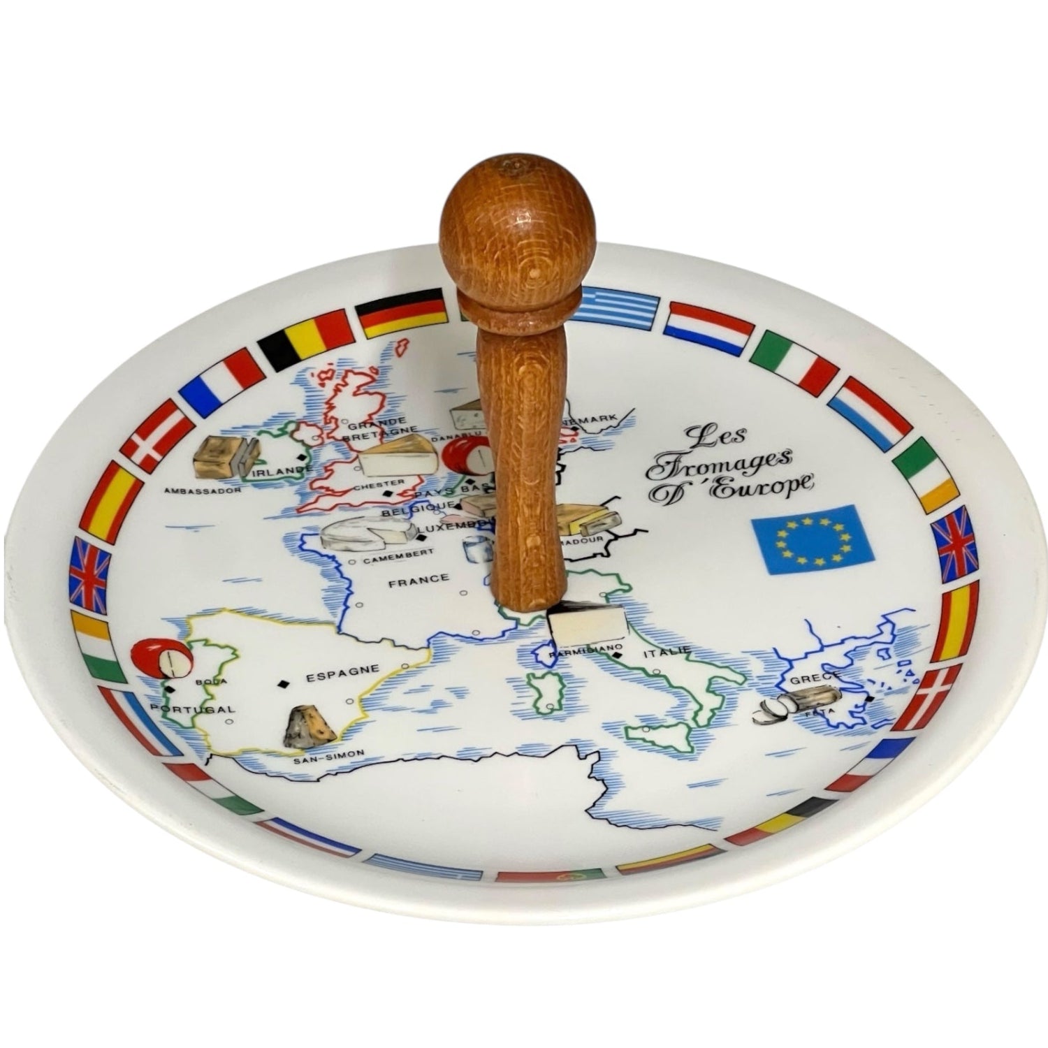 Decorative cheese plate with a map of Europe and wooden handle on a white background for sale from All Things French Store
