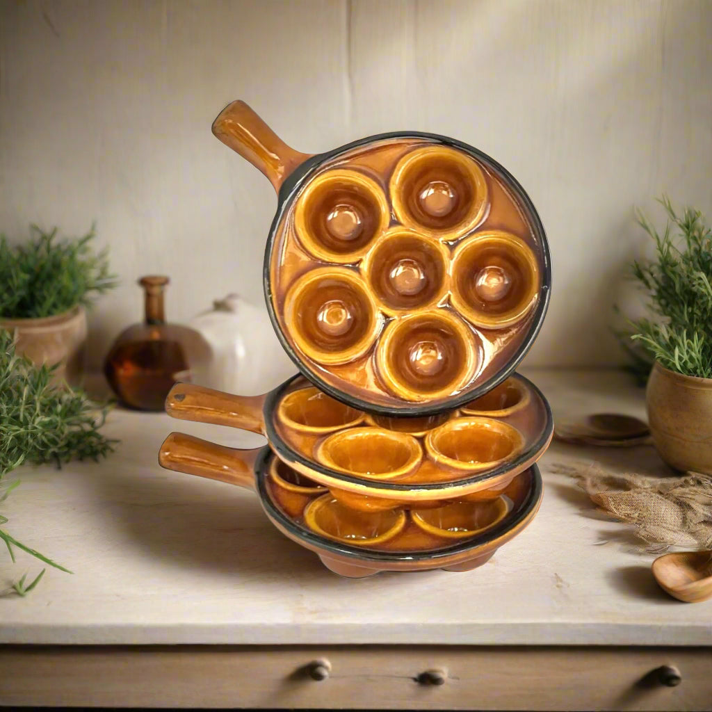 Set of 3 French Rustic Ceramic Escargot Dishes, Vintage Snail Pots Plates