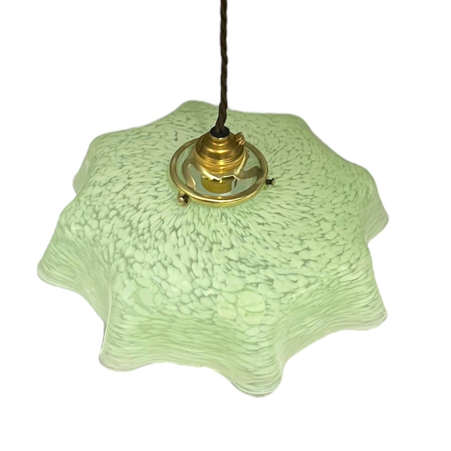 Vintage pendant light with textured green glass shade and brass fitting on a white background for sale rom All Things French Store