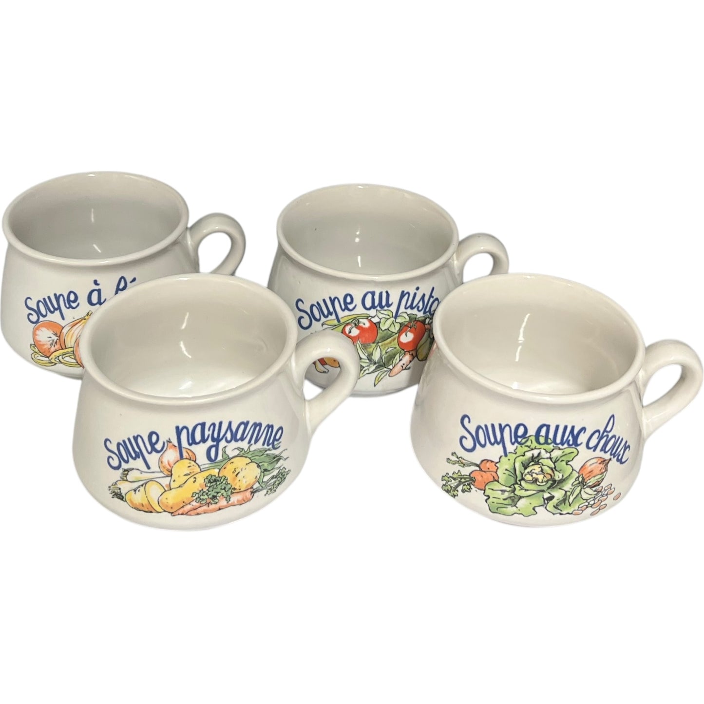 Set of four ceramic soup mugs with vegetable illustrations and text on a white background
