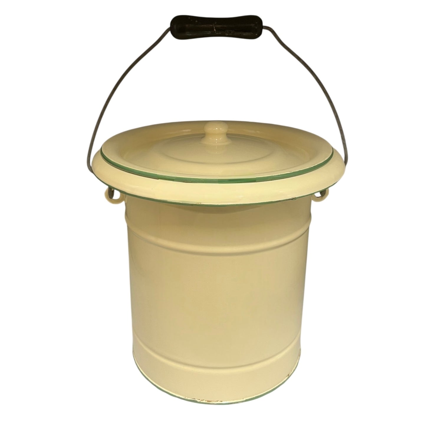 French vintage cream and green enamel bucket with a lid and handle on a white background
