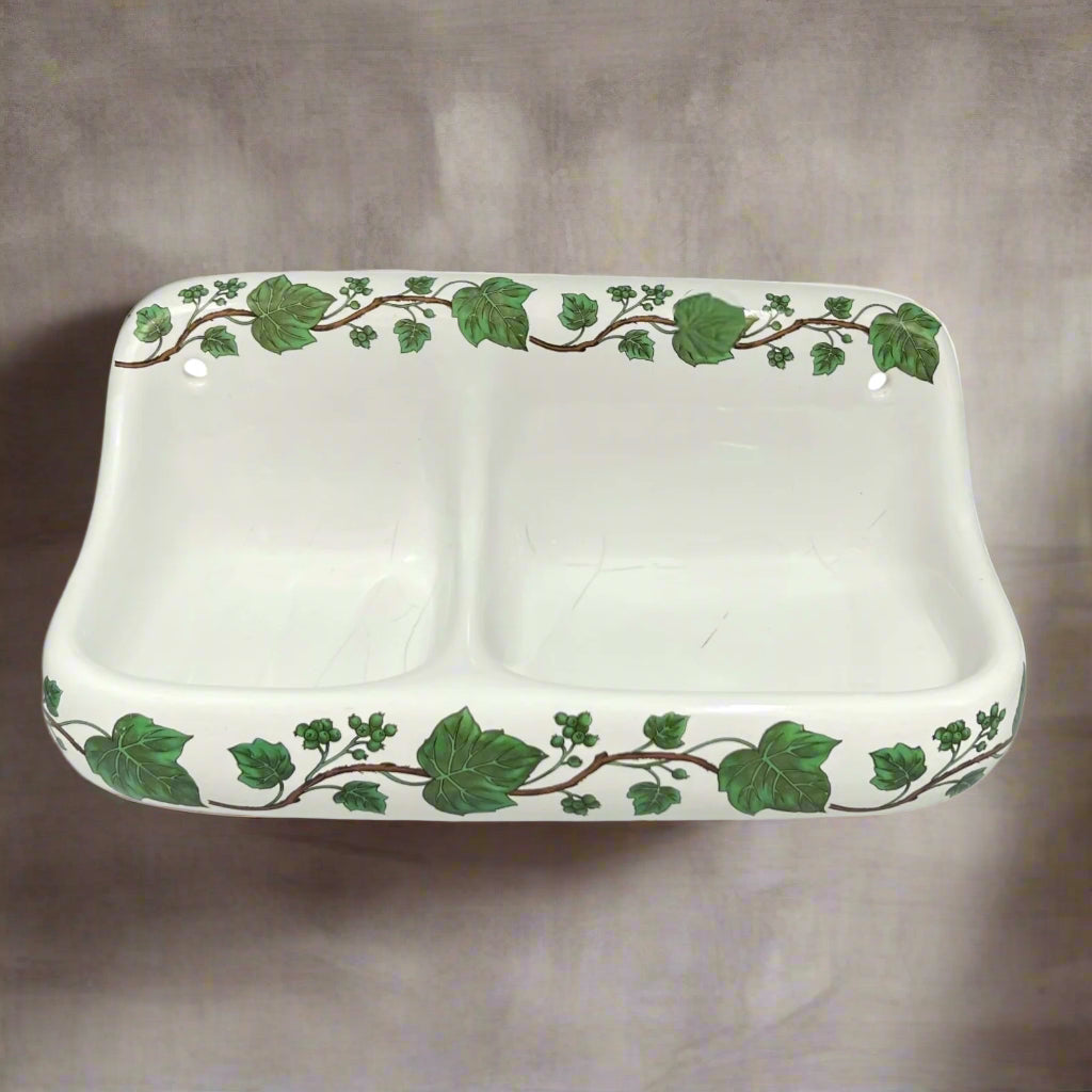 White porcelain double soap dish with green leaf patterns on a white background for sale from All Things French Store