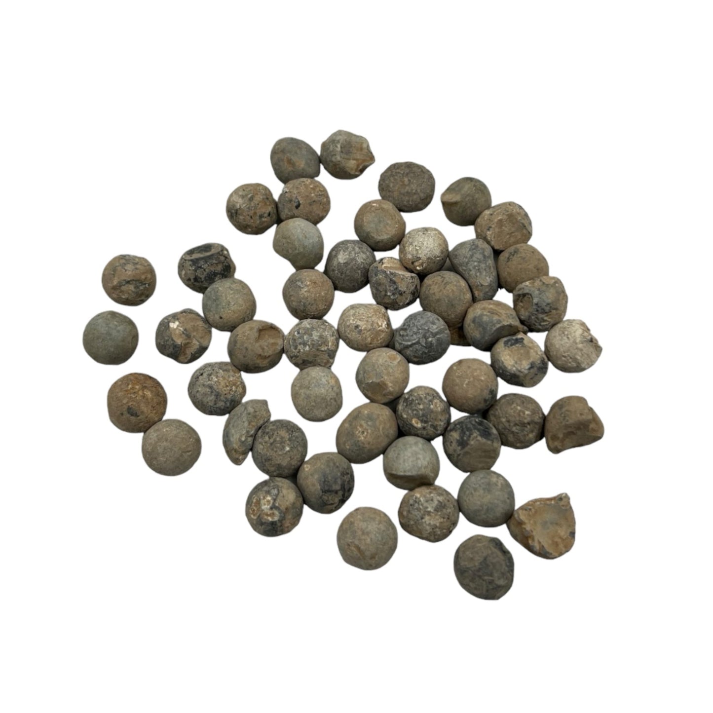 A collection of 50 black shrapnel balls from WW1, displayed against a white background.