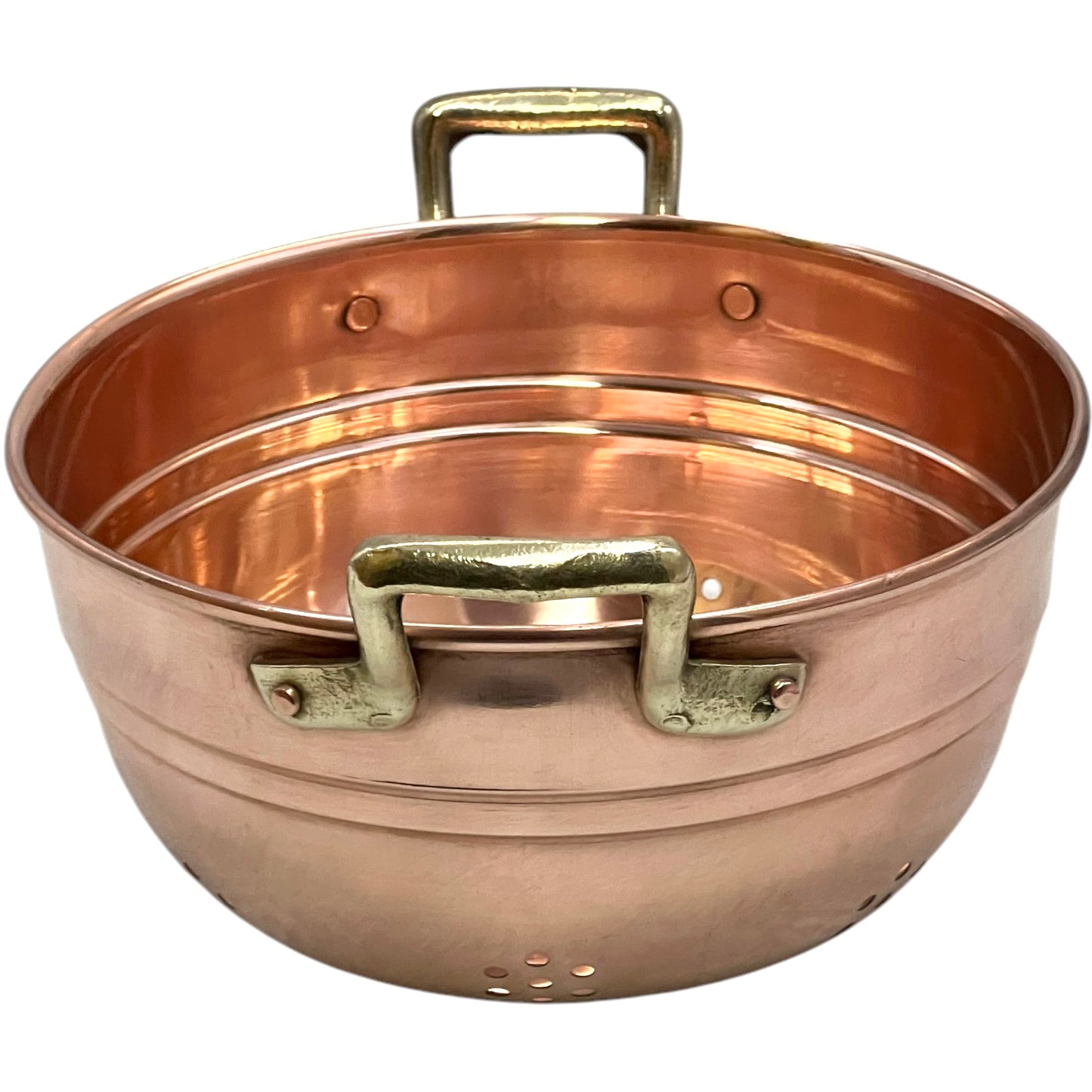 close up detail view of French Copper Sieve with Brass Handles