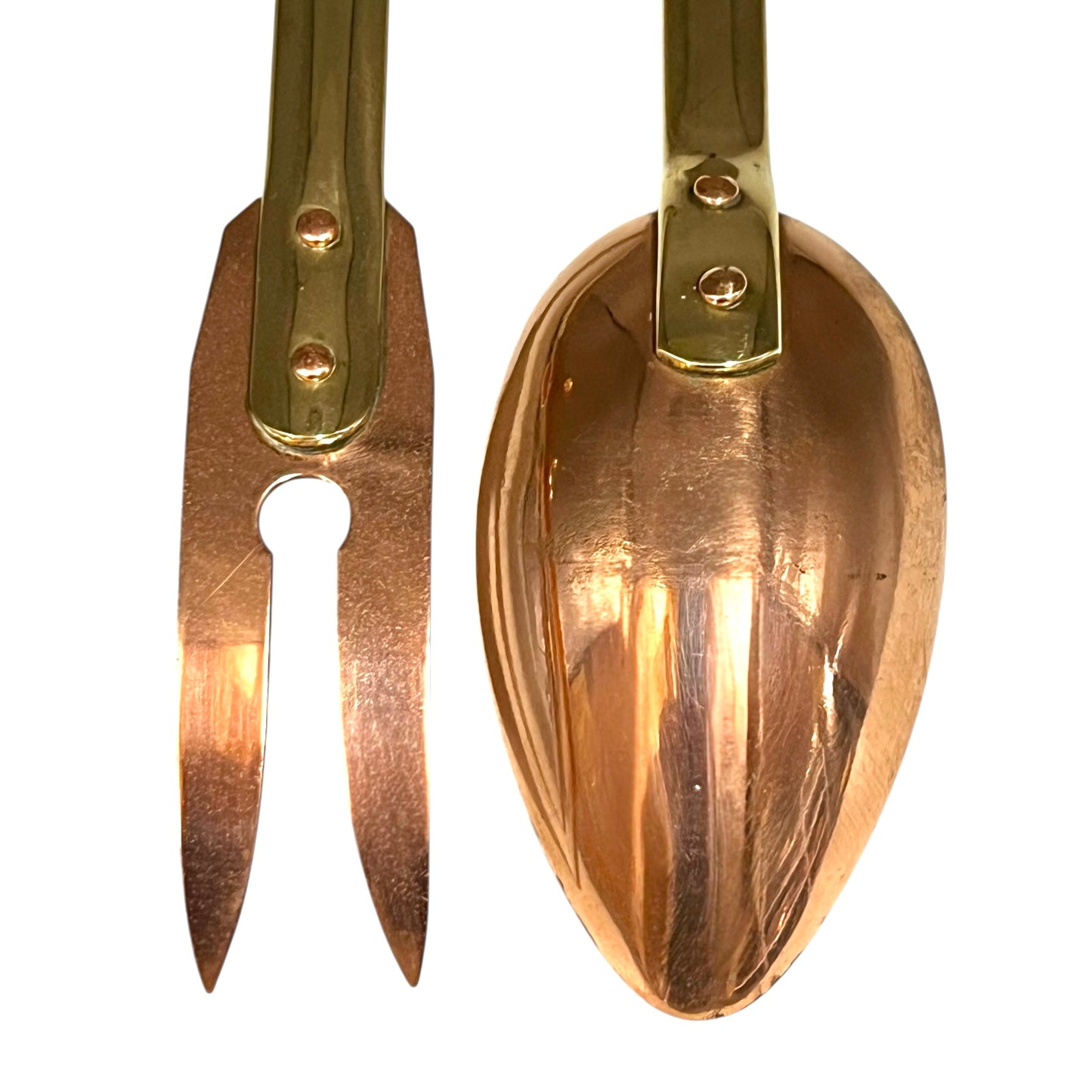 2 copper and brass French utensils with long handles, a fork and a spoon