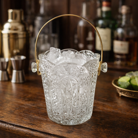 Decorative glass ice bucket with gold handle on a wooden bar counter with bottles and bar tools in the background.