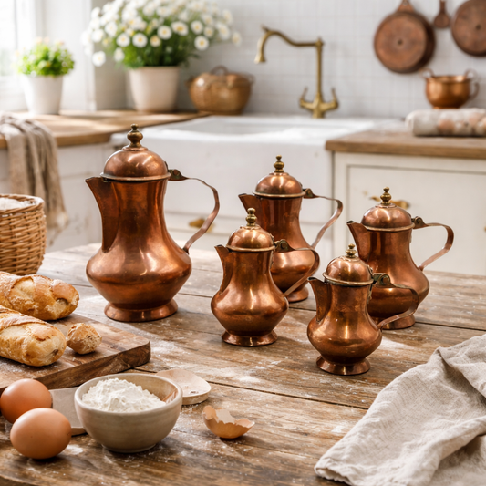 Set of copper kitchenware on a wooden table with a rustic kitchen background