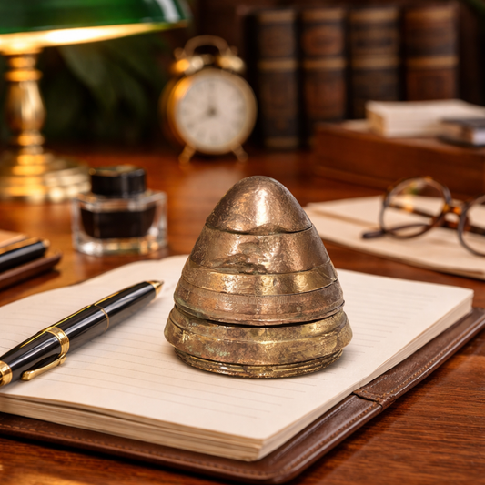 Vintage desk setup with a brass fuse shaped paperweight, inkwell, pen, notebook, and books.