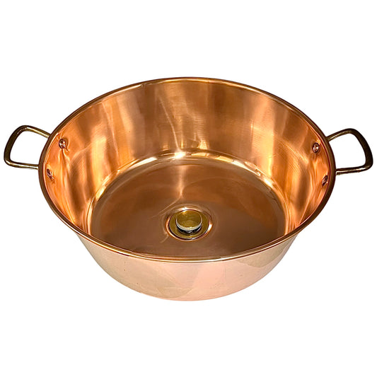 Copper sink with brass handles displayed on a white background