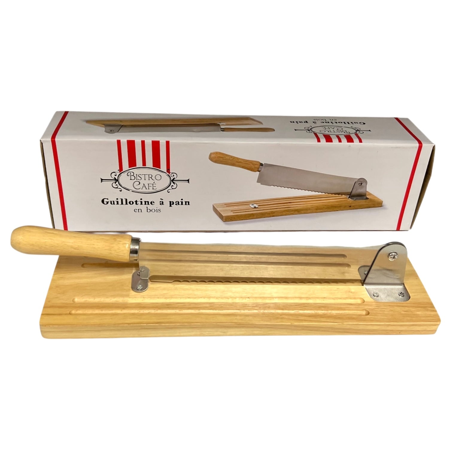 Wooden bread slicer with a Bistro Cafe branded box in the background