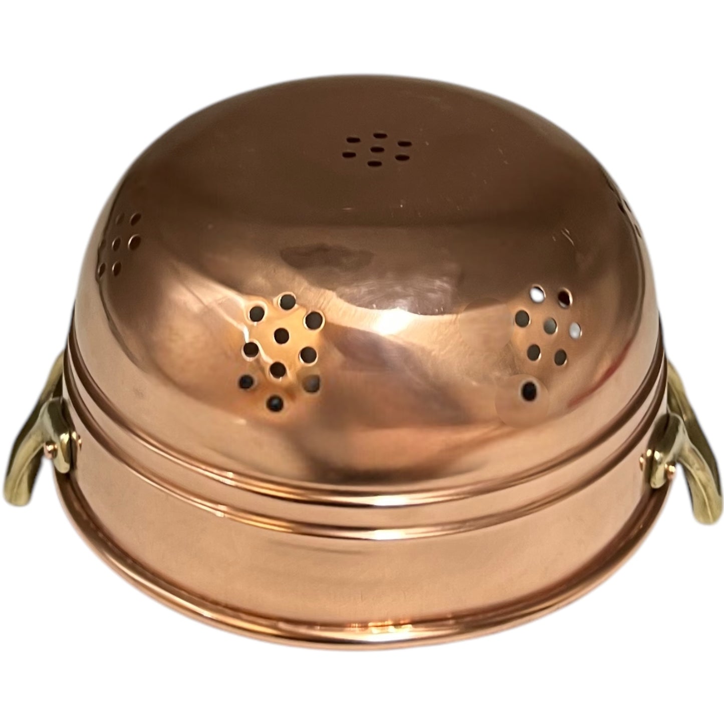 underside view of French Copper Sieve with Brass Handles