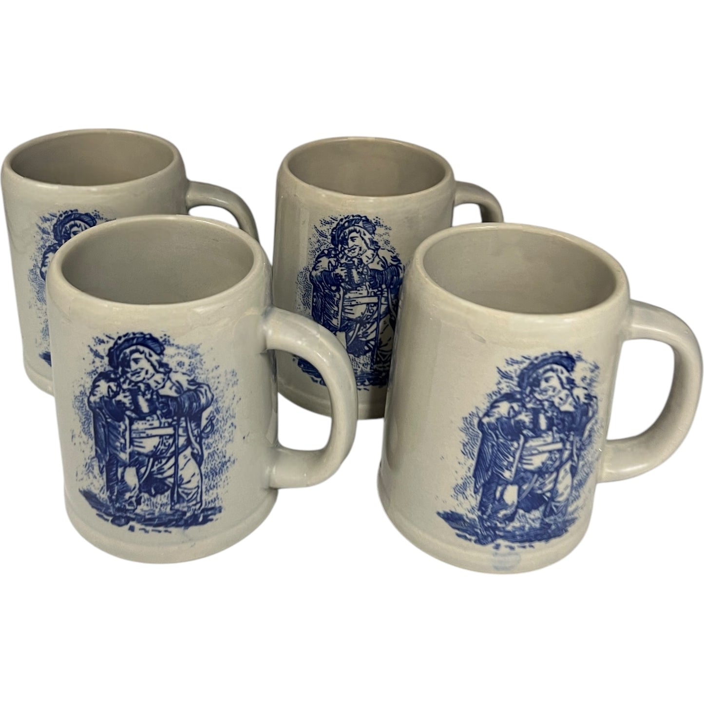 set of 4 grey ceramic beer steins with a blue pattern on the front