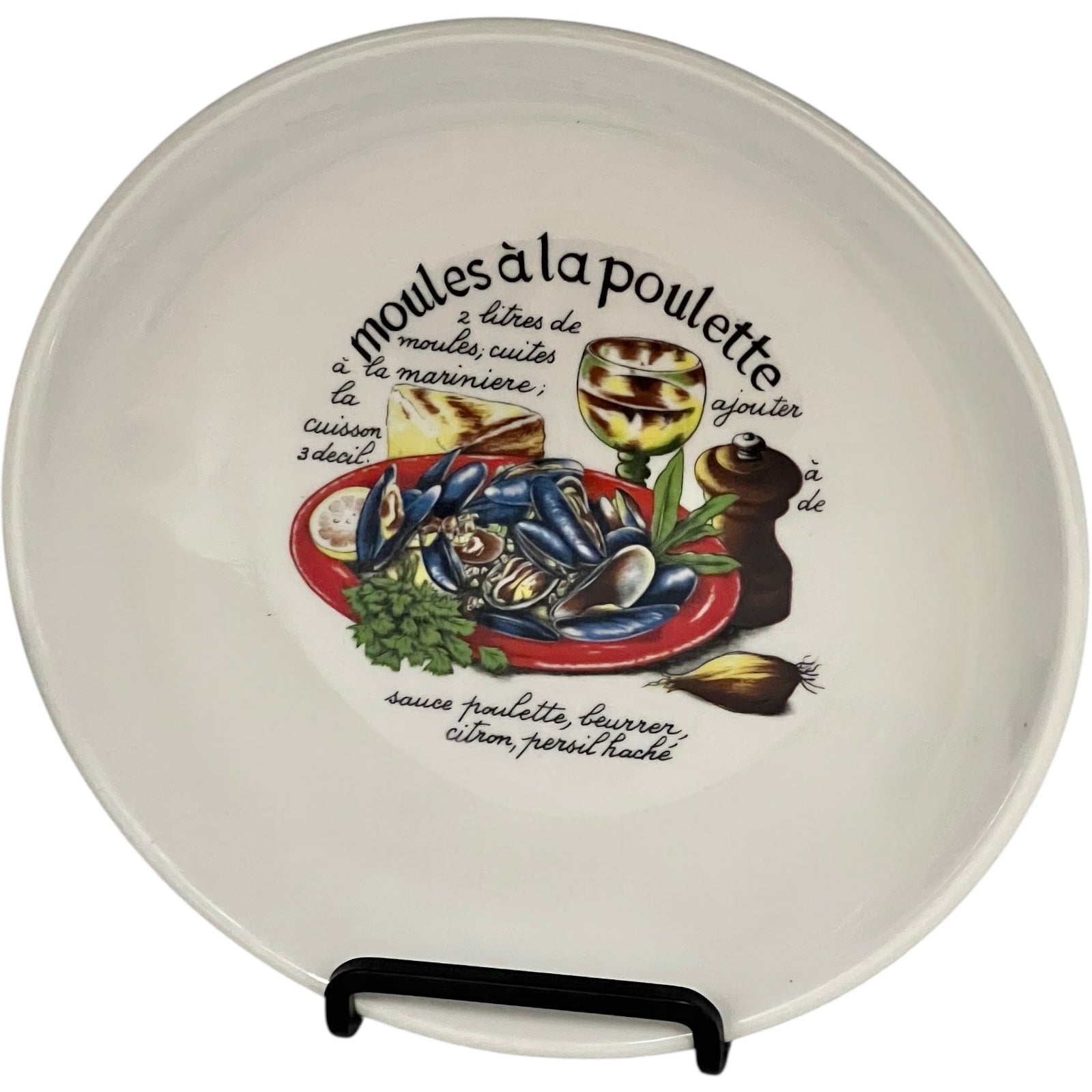 Decorative plate with a culinary illustration and text on a white background
