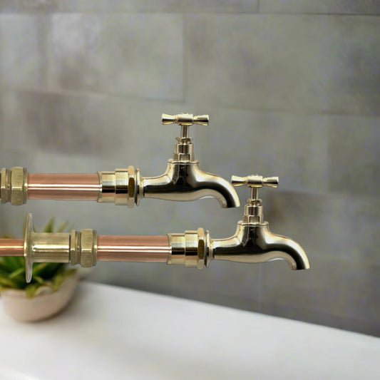 Pair of Copper and Brass Wall Mounted Kitchen Taps or Bathroom Taps