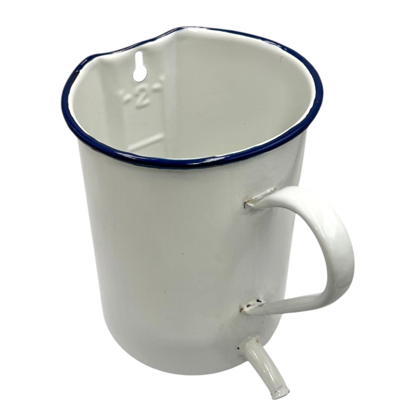 White enamel jug with blue rim and spout on a white background