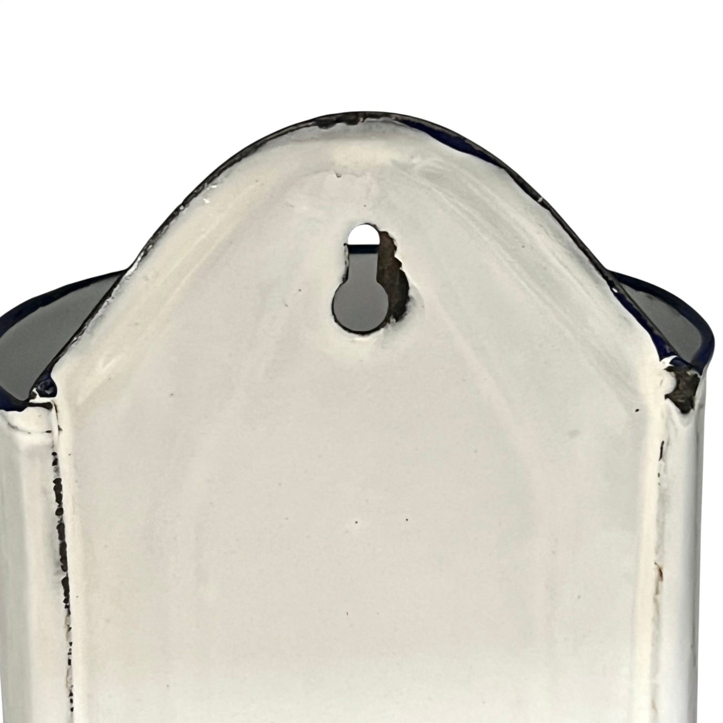 Close up of French vintage enamel planter with a flat back and a spout on a white background