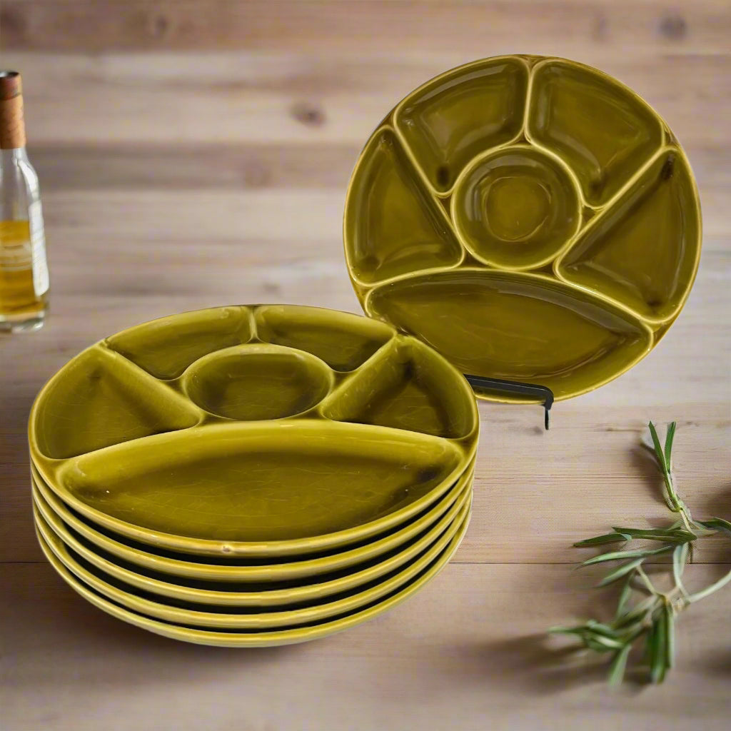 set 6 green Fondue Plates, Retro Mid Century Divided Plate Set, BBQ, Portion Plates