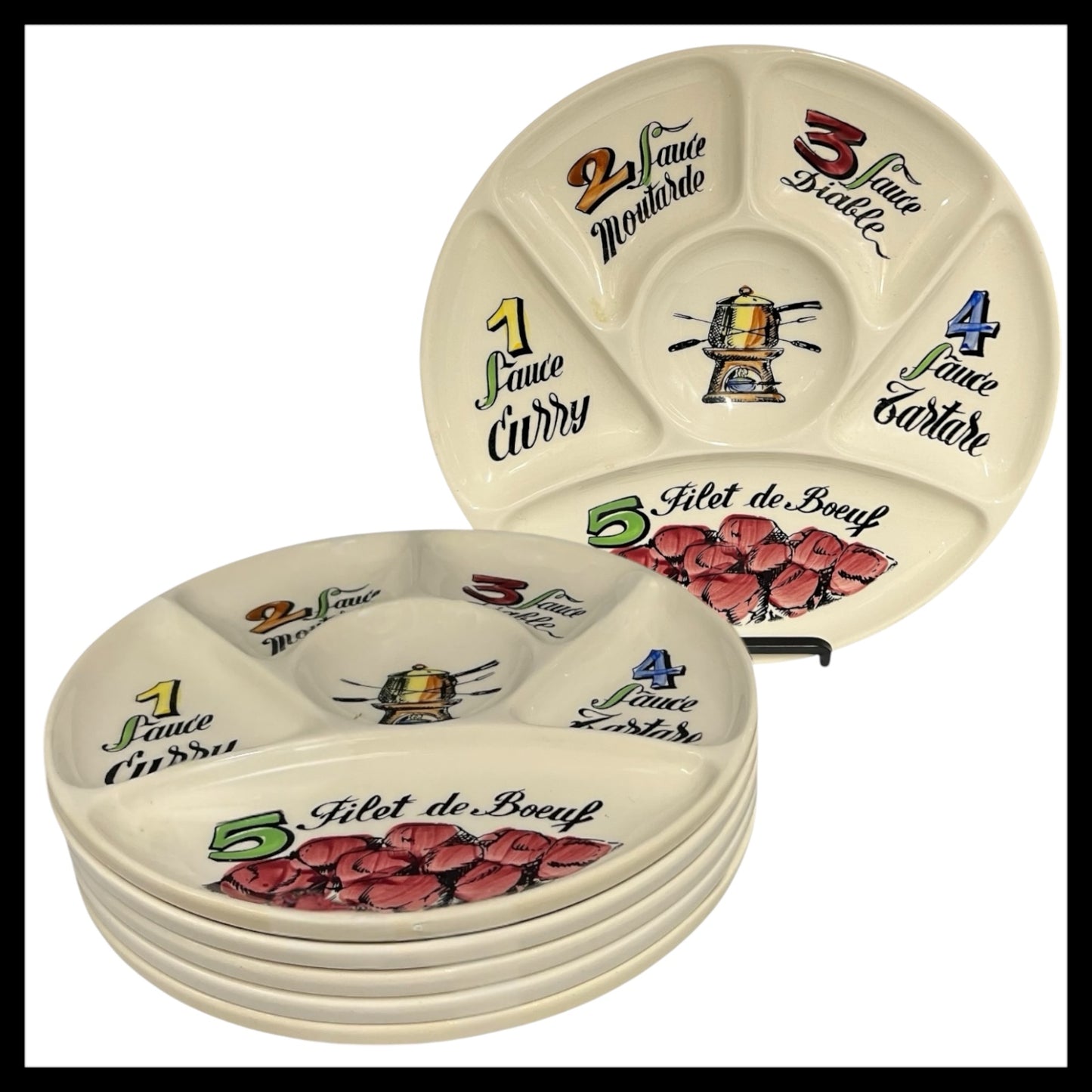Vintage Gien Plate Set, 6 Piece French Fondue Plates, Divided Sections