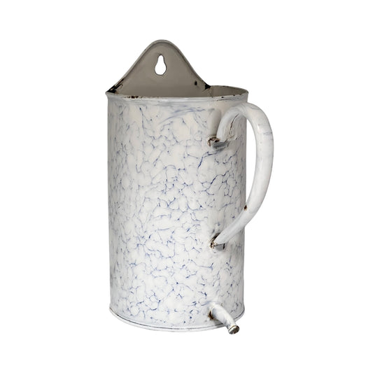 A vintage-style white enamel planter with a blue crackle pattern, a metal top loop, a side handle, and a small spout, shown on a plain white background.