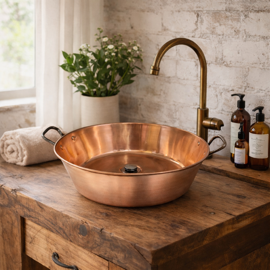 Copper sink on a wooden countertop with a brick wall and plants in the background