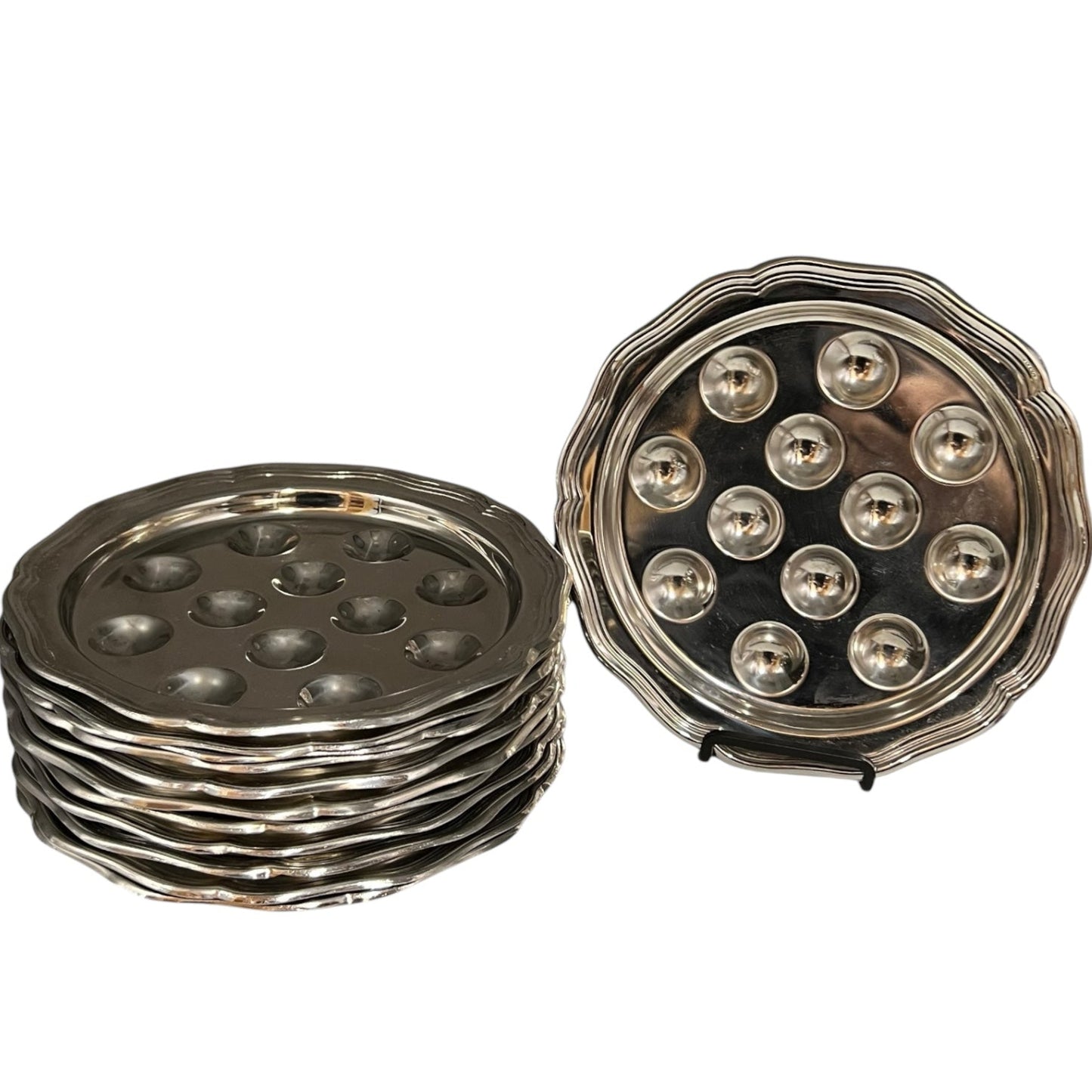 Set of 12 French Escargot Plates. Stainless Steel Snail Plates