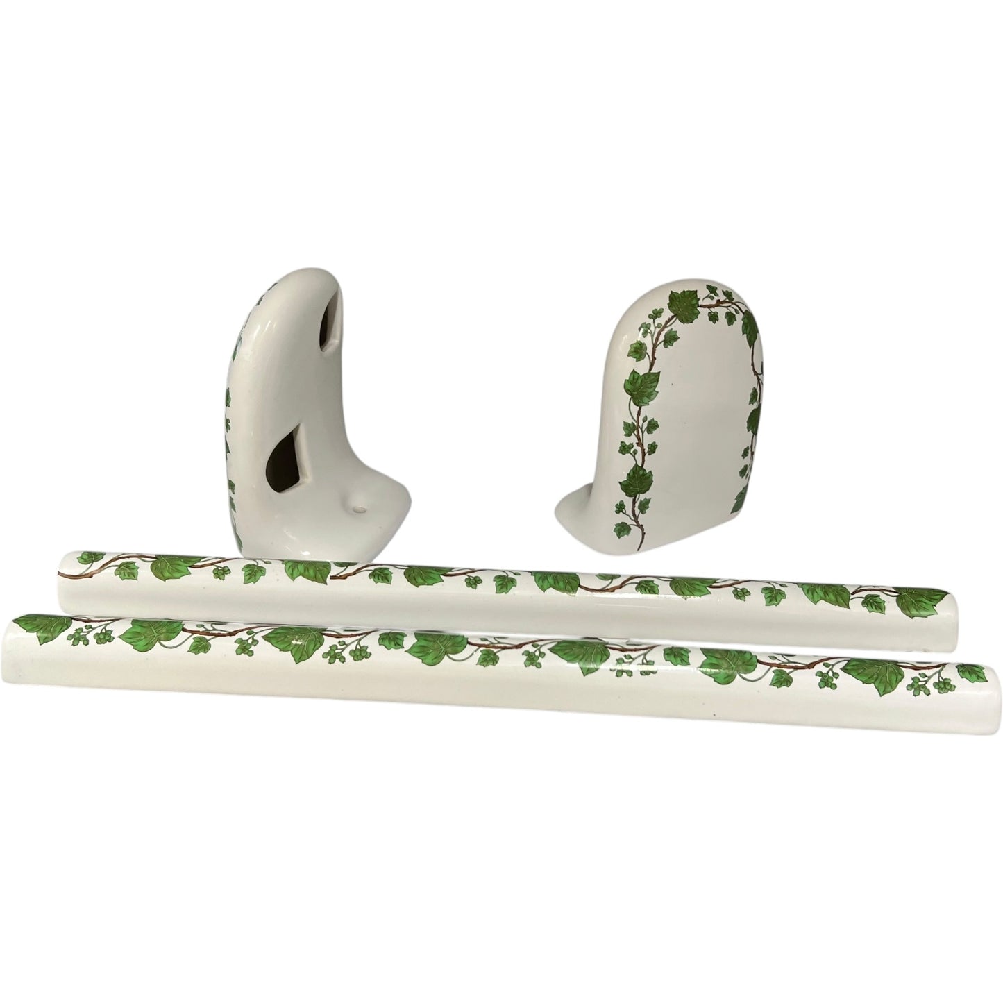 Decorative Paris porcelain towel bar with green leaf pattern on a white background for sale from All Things French Store