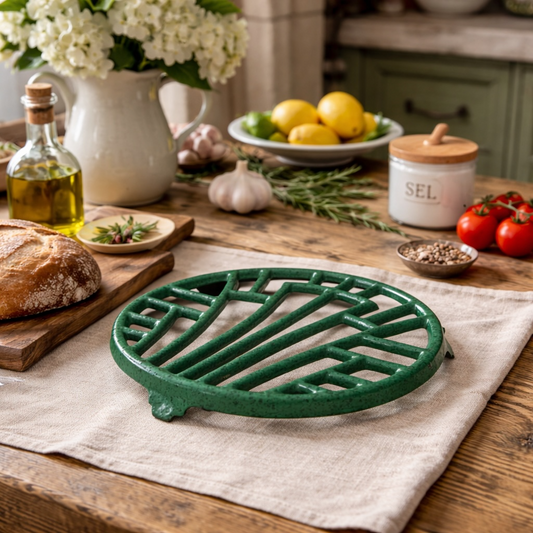 Green cast iron trivet on a wooden table with kitchen items in the background