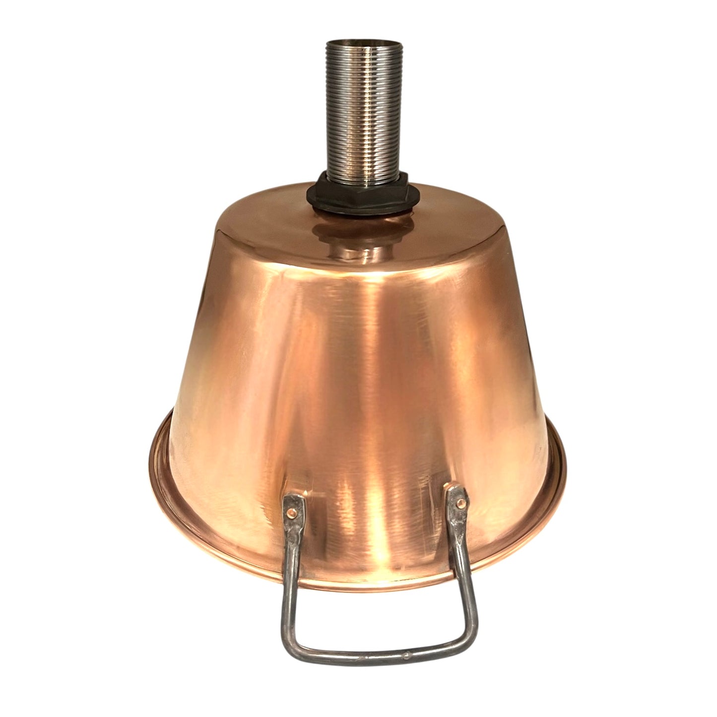 Copper upcycled basin sink or washbowl with a chrome waste and black handles on a white background