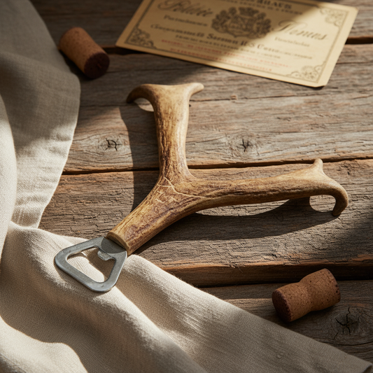 Deer antler bottle opener on a rustic wooden surface with a vintage feel.