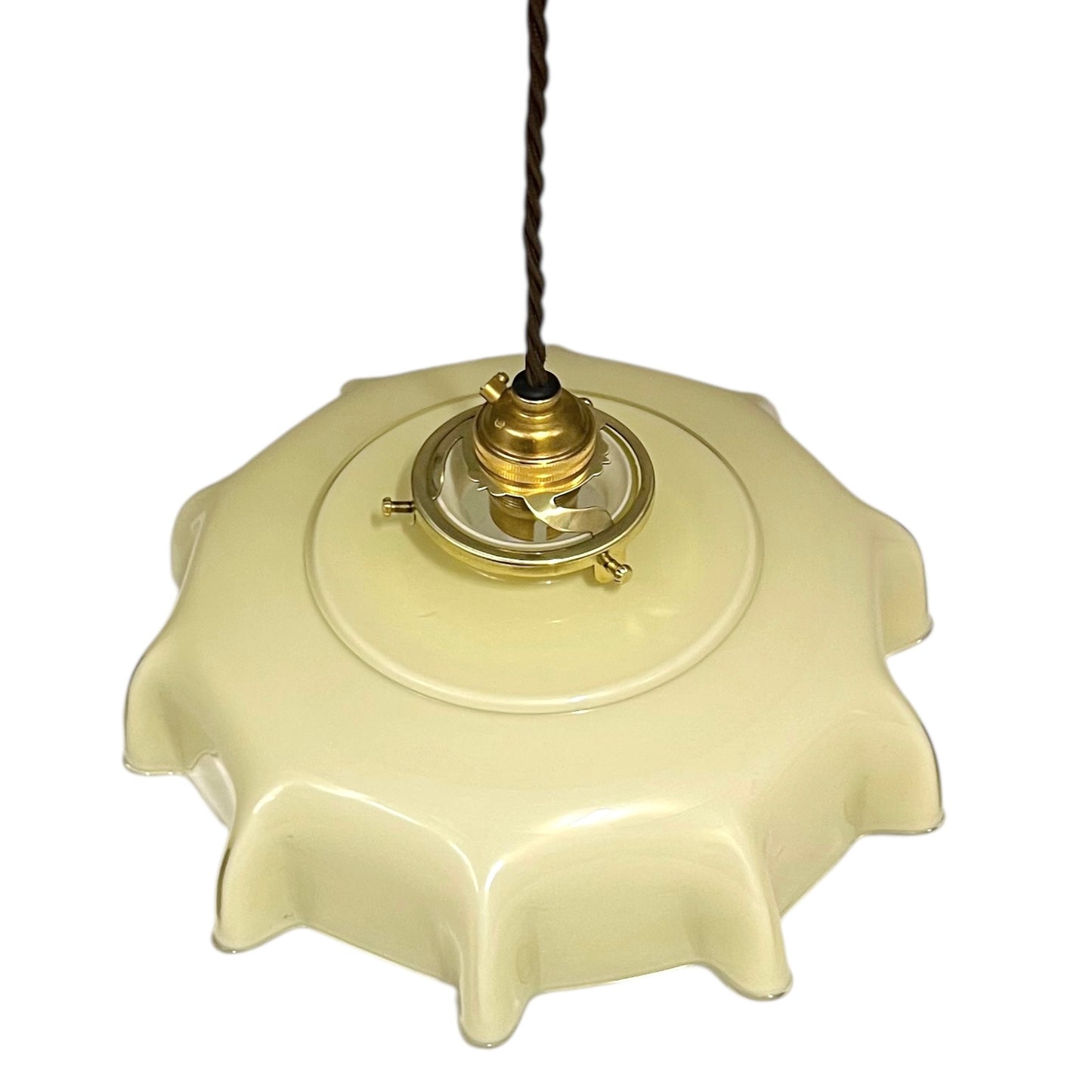 Vintage French milk glass pendant light with scalloped edge shade, brass gallery, and twisted brown fabric cord, rewired for UK use on a white background