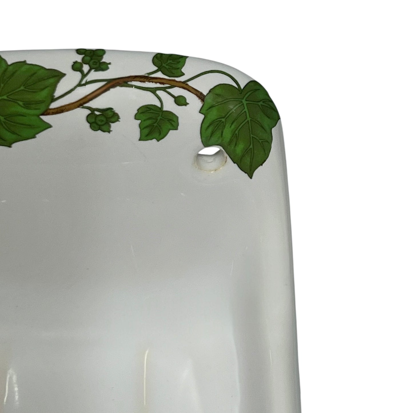 Porcelain bathroom soap dish featuring green leaf patterns on a white background
