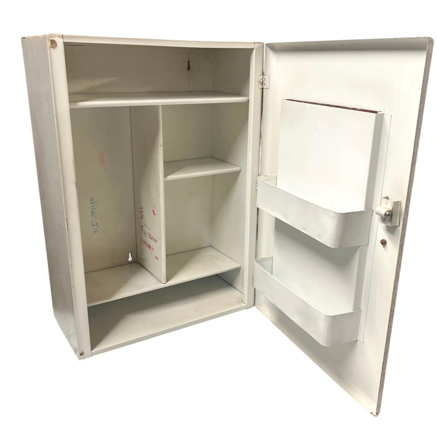 Metal cabinet with open doors on a white background