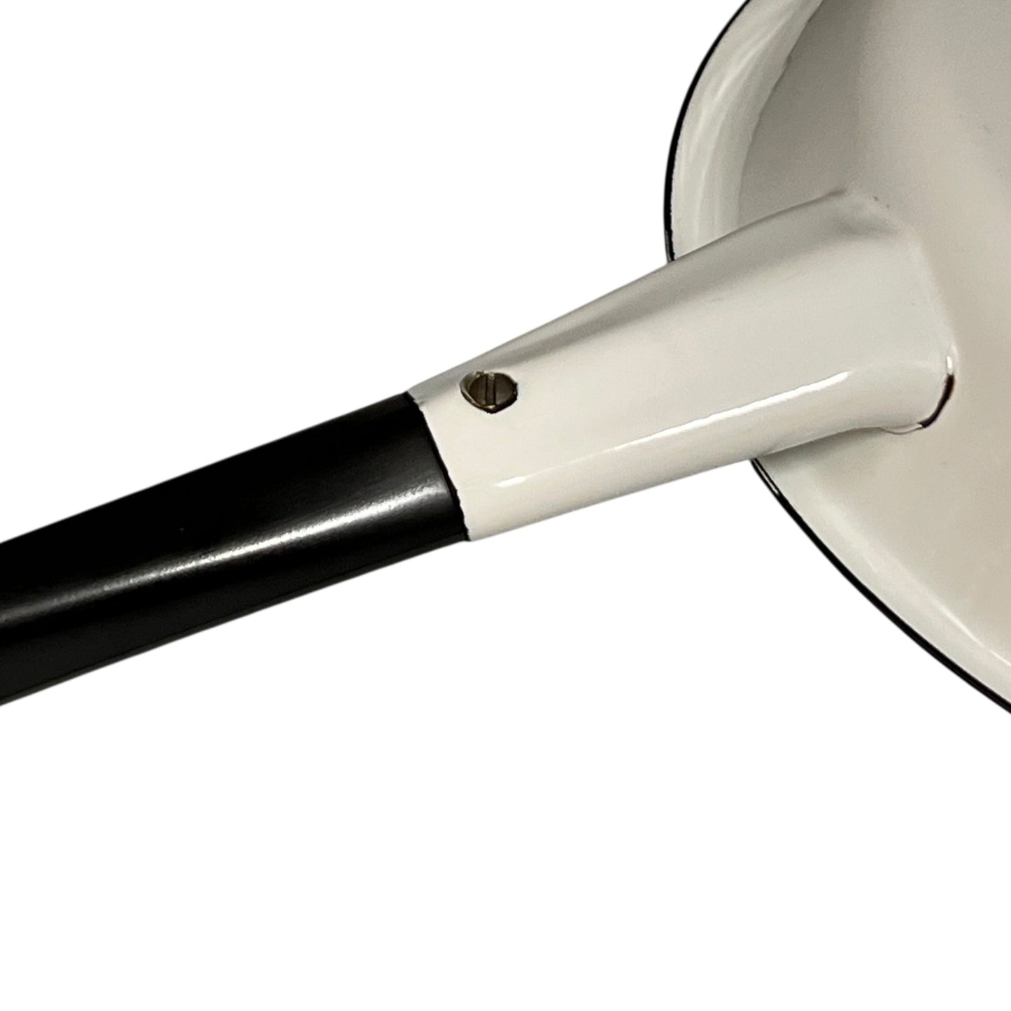 Close-up of a frying pan handle on a white background