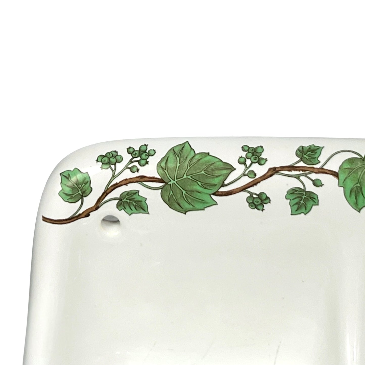 White porcelain double soap dish with green leaf patterns on a white background for sale