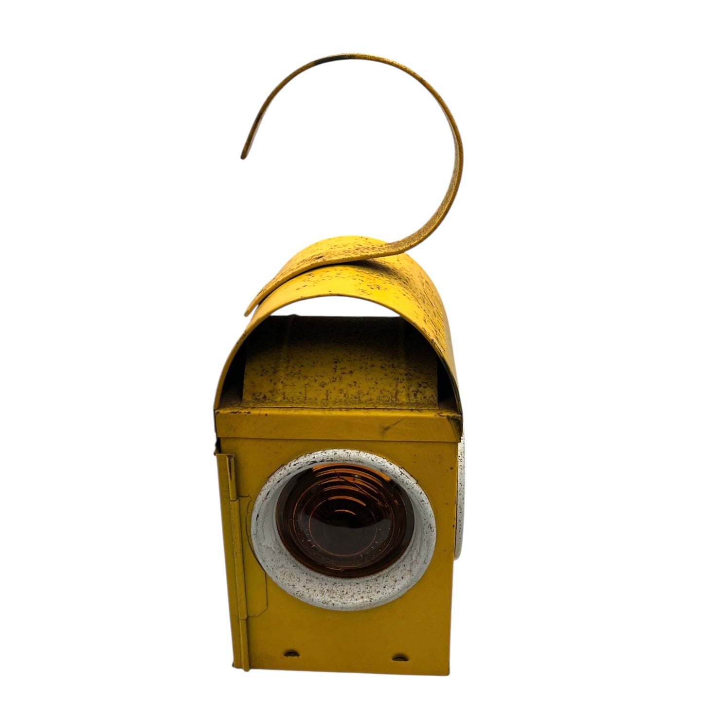 Yellow vintage railway or railroad lamp with a hook on a white background