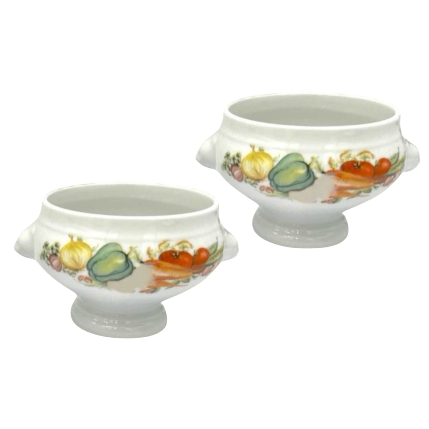 A pair of vintage French porcelain onion soup bowls with lion's head handles and vegetable patterns on the exterior.